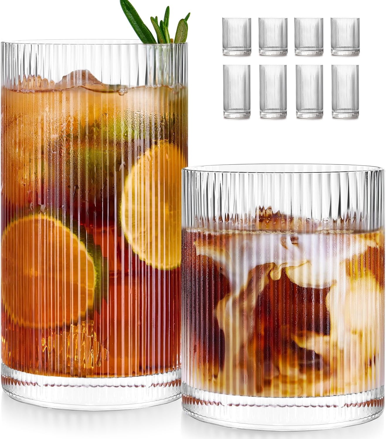 Ribbed Glass Cups Set of 8 - 4 Large Capacity Highball Glasses 17oz, 4 Rocks Glass Cups 12oz, Cocktail Glasses, Drinking Glasses Ideal for Beer, Juice, Water, Ice Coffee Cup, Whiskey, Mixed Drinkware