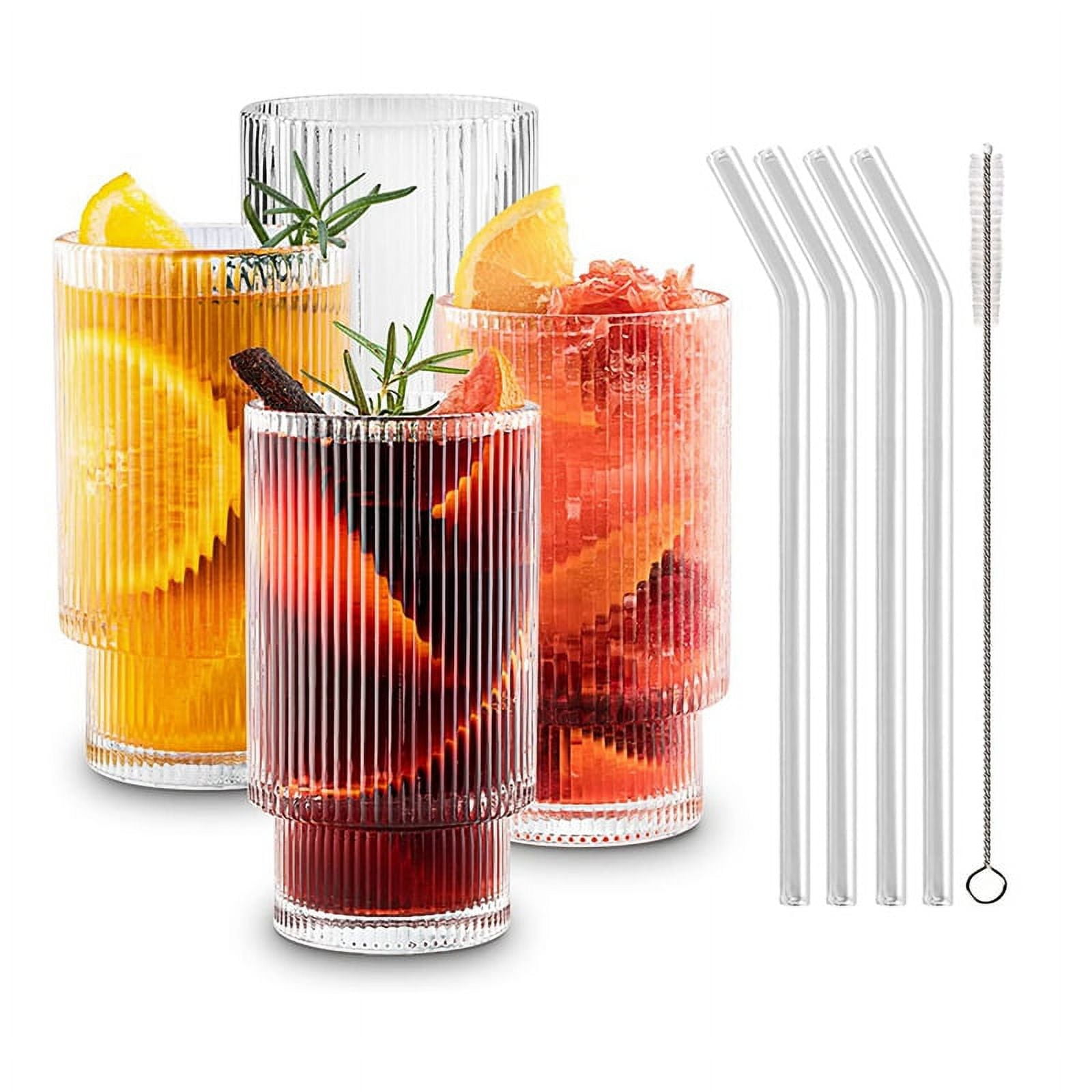 Ribbed Glass Cups with Straws 12Oz, Drinking Glasses 4, Ribbed ...