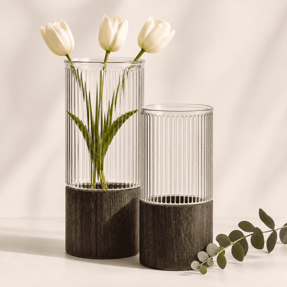 Ribbed Glass Cylinder Vase Set of 2 with Charred Paulownia Wood Base