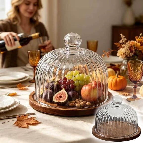 Ribbed Glass Dome Cake Plate with Wooden Base, Round Cloche Display Tray with Striped Glass Cover, Decorative Food Display Stand for Dessert, Cheese, Wedding and Party Table Decor