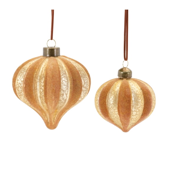 Melrose Shiny Finish Ribbed Glass Christmas Onion Ornaments - 4.5" (110mm) - Gold and Brown -12ct