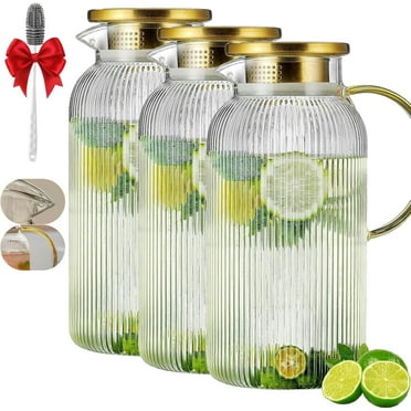 Ribbed Glass Pitcher, Classic Vertical Stripes Glass Ribbed Pitcher with Lid, Glass Water Carafe for Cold Brew, Coffee, Lemonade, Iced Tea,Beverage, Heat Resistant Water Glass Jug(1800 ml,3pcs)