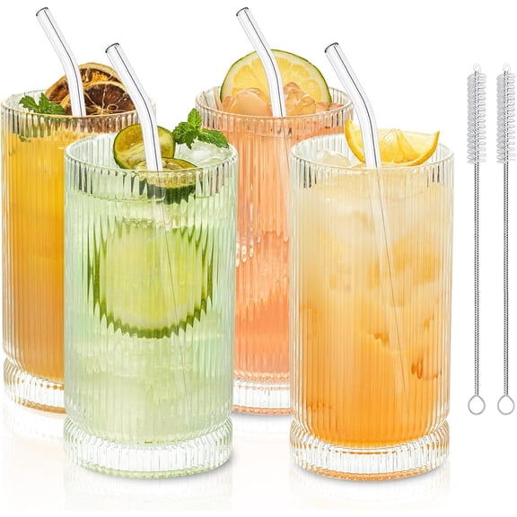 Ribbed Glassware Set, 16oz XL Drinking Glasses With Straws, Ribbed Glassware Set of 4, Glass Cups, Iced Coffee Cups Ideal for , , Iced Coffee, Juice, , Soda
