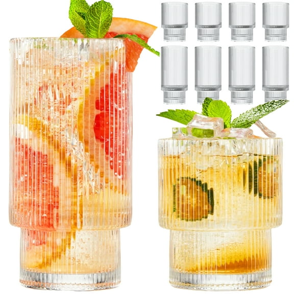 Ribbed Glassware Set of 8,Glass Cups 12 oz and 7 oz,Fluted Glassware,Ribbed Drinking Glasses,Stackable Glasses,Ripple Glassware