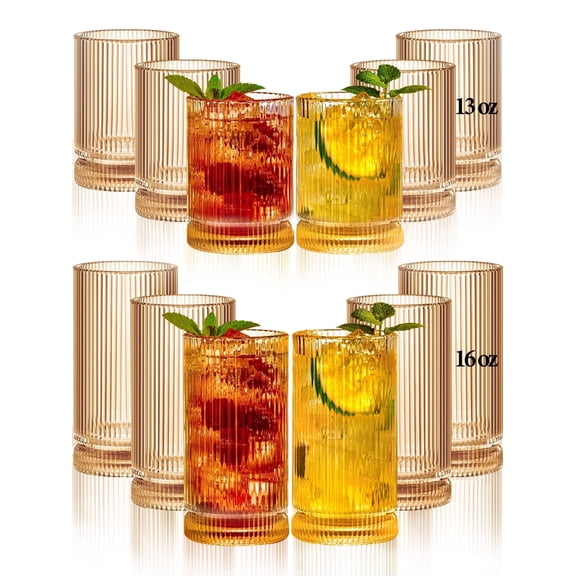 Ribbed Glassware Vintage Drinking Glasses 12Pcs Set(6 Highball Glasses 16Oz And 6 Rocks Glasses 13Oz)Amber Ribbed Glass Cups For Iced Coffee, Cocktails, Juice, Beer, Everyday Drinking