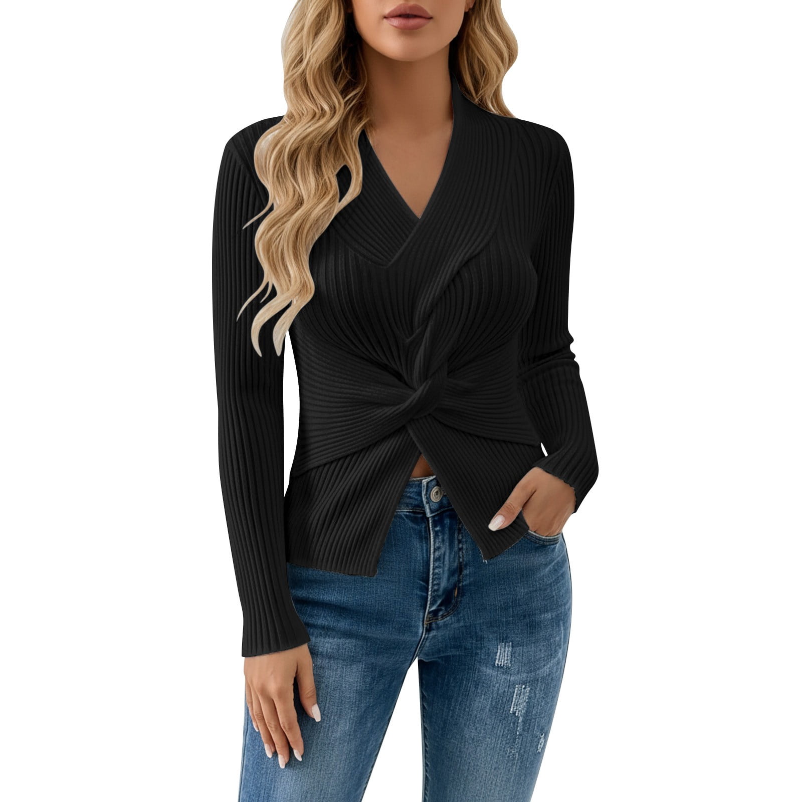 Ribbed Hem Split Side Long Sleeve Slim Fit Pullover Sweater Soft 