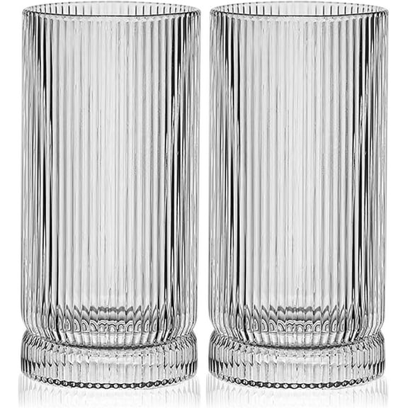 Ribbed Highball Glasses 16 oz - Set of 4 Vertical Drinking Glassware - Fits For Home Bars, Offices, or Restaurants - Water Glass Cups Dishwasher Safe