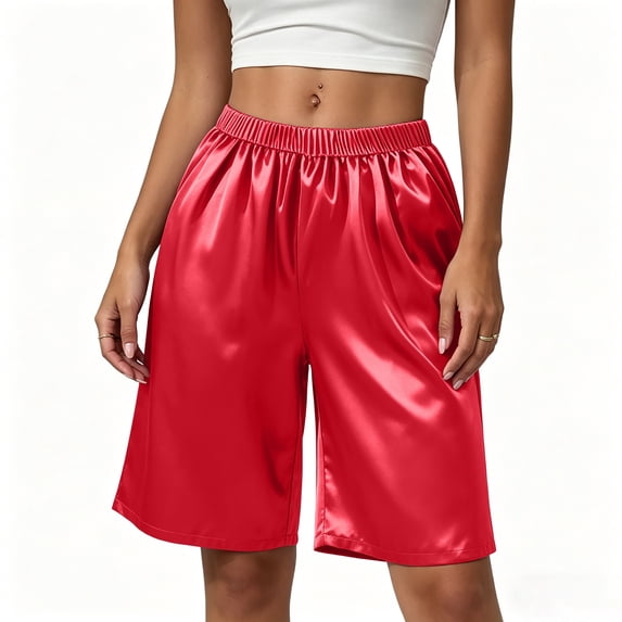 Ribbed Home Shorts Loose Summer Satin Pajama Shorts for Women Knee Length Cooling Casual Shorts Loose Plus Size Women’s Home Loungewear Shorts Red L