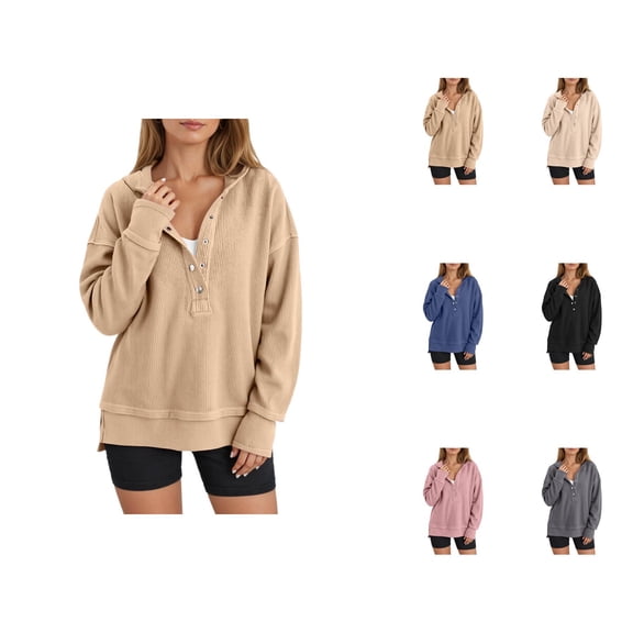 Ribbed Hoodies for Women Fall Winter Long Sleeve Button Side Slit Plain Hooded Sweatshirt Pullover Tops