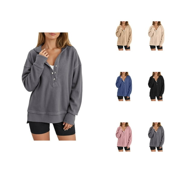 Ribbed Hoodies for Women Fall Winter Long Sleeve Button Side Slit Plain Hooded Sweatshirt Pullover Tops