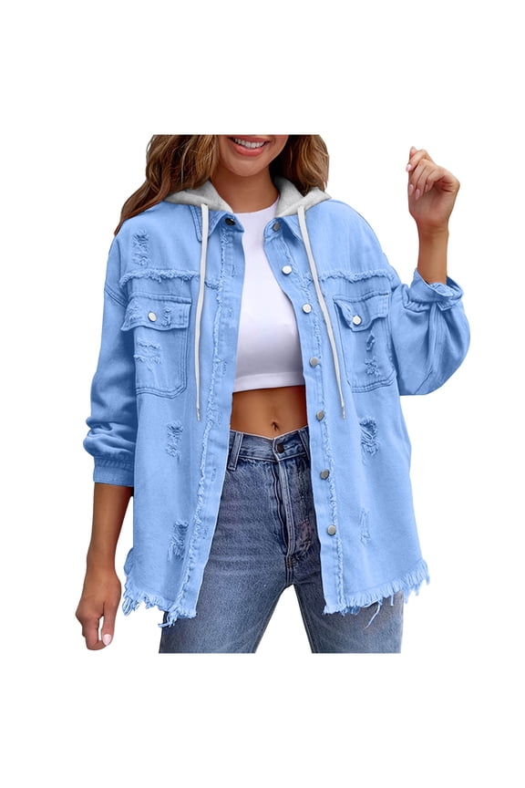 Ribbed Jean Jackets for Women with Detachable Hood Casual Button Down Long Sleeve Frayed Hem Retro Denim Coat (XL, Sky Blue)