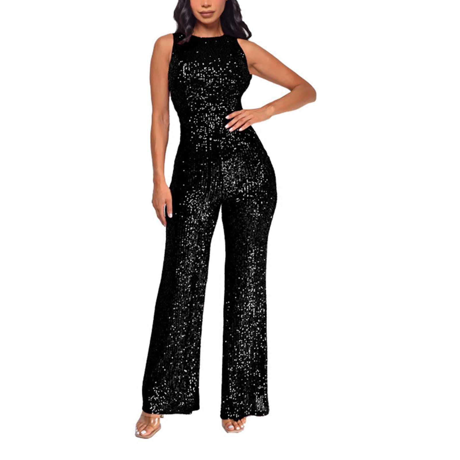 Ribbed Jumpsuit for Women Plus Size Sparkling Sequins Seamless One 