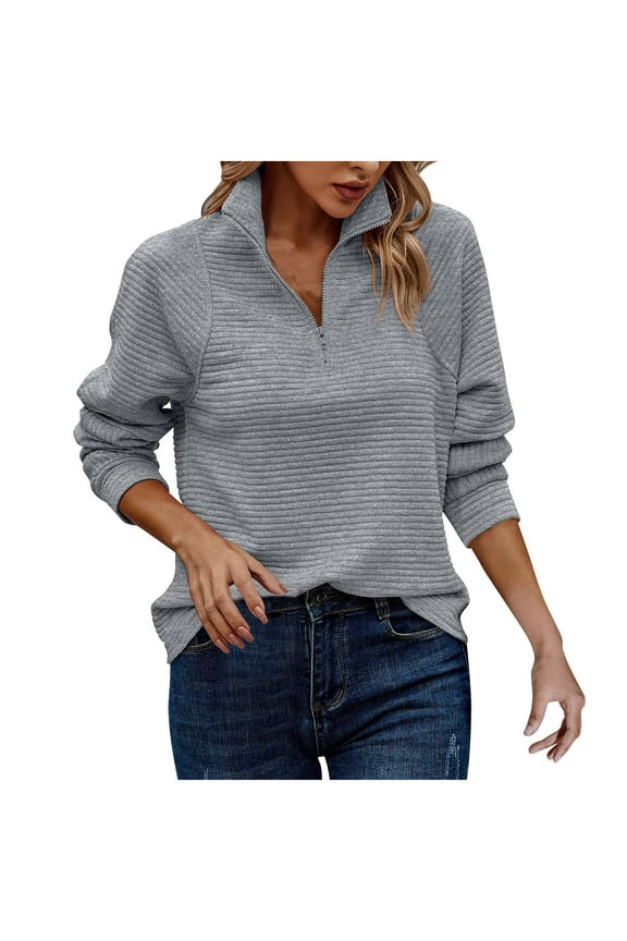 Ribbed Knit 1/4 Zip Sweatshirt Pullover Sweaters for Women Casual Solid Color Long Sleeve Quarter Zipper Autumn Tops (Medium, Gray)