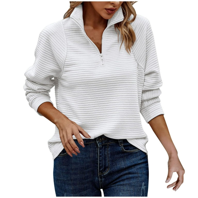 Ribbed Knit 1/4 Zip Sweatshirt Pullover Sweaters for Women