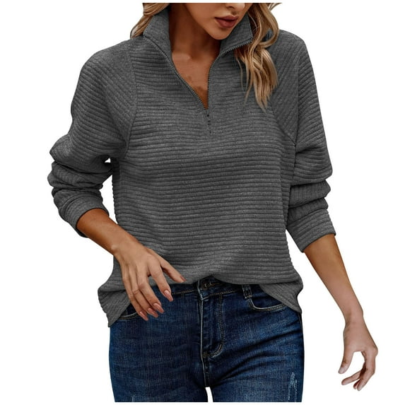 Ribbed Knit 1/4 Zip Sweatshirt Pullover Sweaters for Women Casual Solid Color Long Sleeve Quarter Zipper Fall Tops (L, Dark Gray)
