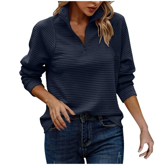 Ribbed Knit 1/4 Zip Sweatshirt Pullover Sweaters for Women Casual Solid Color Long Sleeve Quarter Zipper Fall Tops (Small, Navy)