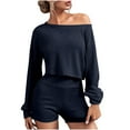 thumbnail image 1 of Ribbed Knit 2 Piece Outfits for Women Casual High Waist Shorts Sets Off Shoulder Long Sleeve Top and Sweatshorts (L, Blue), 1 of 7