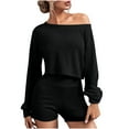 thumbnail image 1 of Ribbed Knit 2 Piece Outfits for Women Casual High Waist Shorts Sets Off Shoulder Long Sleeve Top and Sweatshorts (M, Black), 1 of 7