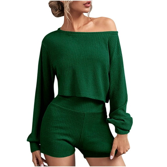 Ribbed Knit 2 Piece Outfits for Women Casual High Waist Shorts Sets Off Shoulder Long Sleeve Top and Sweatshorts (M, Green)