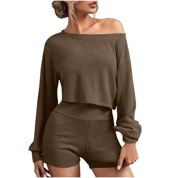 Ribbed Knit 2 Piece Outfits for Women Casual High Waist Shorts Sets Off Shoulder Long Sleeve Top and Sweatshorts (XL, Khaki)