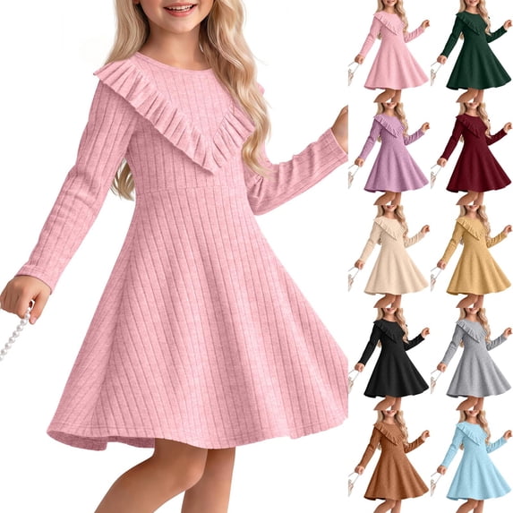 Dressing Styl Ribbed Knit A-Line Dress with Pleated Ruffle Yoke and Long Sleeves ...