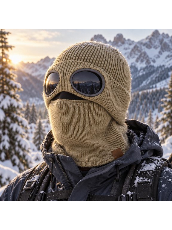 Ribbed Knit Balaclava Beanie with Goggle-Style Eye Panels Stocking Knitted, Unisex Winter Ski Hat Built in Goggles Comfy Warm Outdoor Cycling Skiing Hiking Covers Head Neck Face