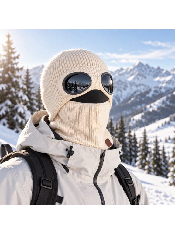 Ribbed Knit Balaclava Beanie with Goggle-Style Eye Panels Stocking Knitted, Unisex Winter Ski Hat Built in Goggles Comfy Warm Outdoor Cycling Skiing Hiking Covers Head Neck Face