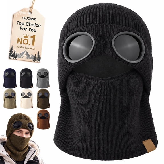 Ribbed Knit Balaclava Beanie with Goggle-Style Eye Panels Stocking Knitted Unisex Winter Ski Hat Built in Goggles Comfy Warm Outdoor Cycling Skiing Hiking Covers Head Neck Face