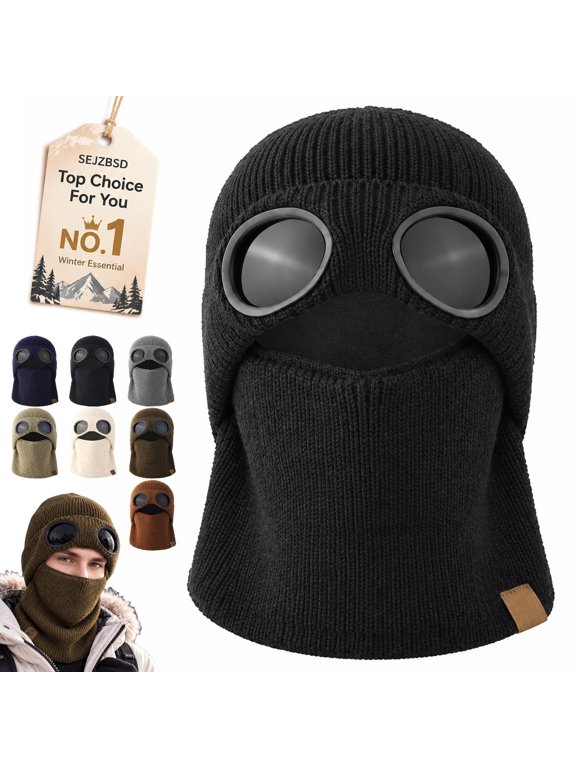 Ribbed Knit Balaclava Beanie with Goggle-Style Eye Panels Stocking Knitted Unisex Winter Ski Hat Built in Goggles Comfy Warm Outdoor Cycling Skiing Hiking Covers Head Neck Face