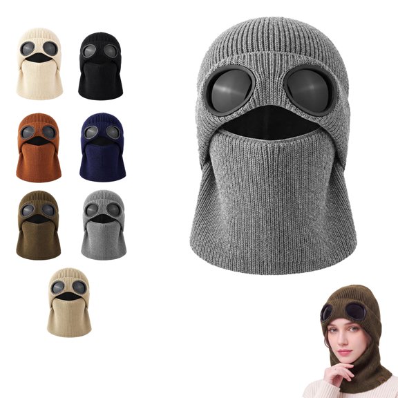 Ribbed Knit Balaclava Beanie with Goggle-Style Eye Panels, Unisex Winter Hat, Full Coverage for Head, Ears, Face & Neck, Ideal for Cold Weather Activities，Grey
