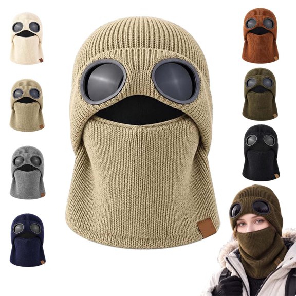 Ribbed Knit Balaclava Beanie with Goggle-Style Eye Panels, Winter Ski Hat, Beanie with Goggles, Head Neck Face Coverage, Goggle-Style Eye Panels, Flexible Unisex Fit, Ski Cycling Hiking Wear