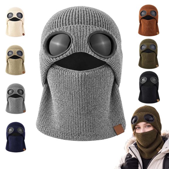 Ribbed Knit Balaclava Beanie with Goggle-Style Eye Panels, Full Head Neck Cover Warm Hat for Winter Skiing, Snowboarding, Cycling and Hiking