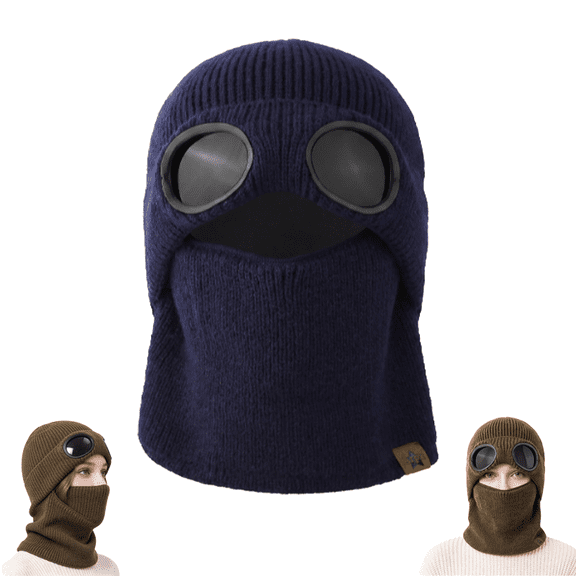 Ribbed Knit Balaclava Beanie with Goggle, Style Eye Panels, Unisex Knit Beanie with Goggles Hat for Winter