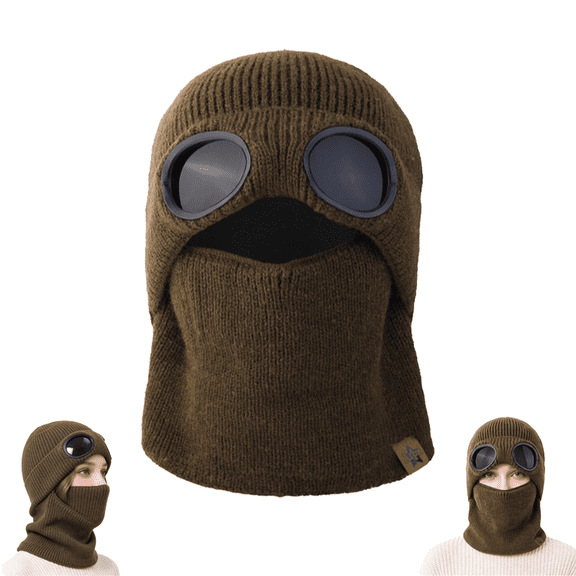 Ribbed Knit Balaclava Beanie with Goggle, Style Eye Panels, Unisex Knit Beanie with Goggles Hat for Winter