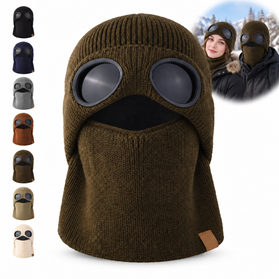 Ribbed Knit Balaclava Beanie with Goggle-Style Eye Panels, Winter Ski Hat with Face Cover & Neck Warmer, Windproof Unisex for Cycling Hiking Travel