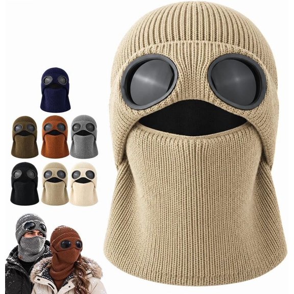 Ribbed Knit Balaclava Hat with Built-in Goggles, Winter Full Face Neck Cover, Warm Windproof Ski Mask for Outdoor Cycling Skiing