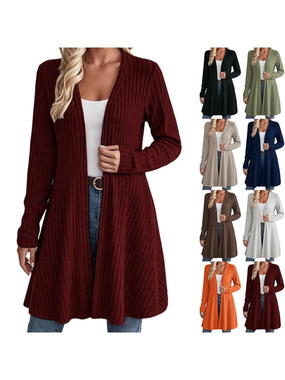 Ribbed Knit Cardigan for Women, V-Neck Open Front Long Sleeve Mid-Length, Fall Slim Soft Casual A-Line Flowy Sweater S-3XL