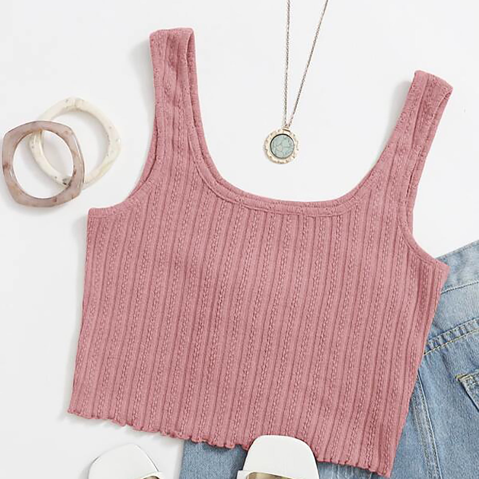 Ribbed Knit Casual Tank Crop Top Women's Sexy Sleeveless Crop Tops