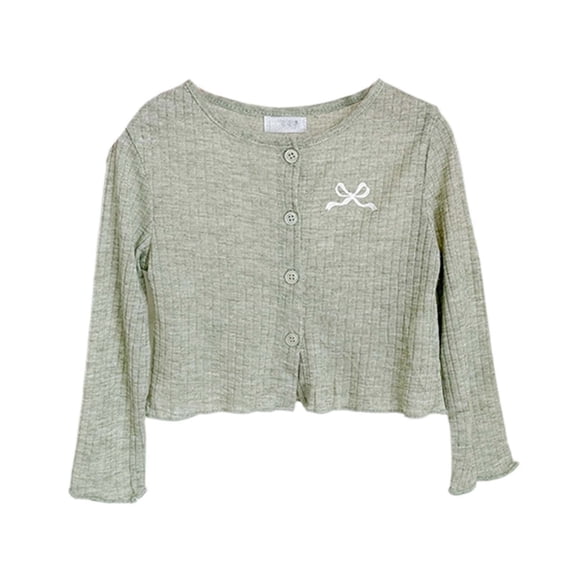 Ribbed Knit Cropped Cardigan For Girls Button Down Long Sleeve Crop Blouse Casual Lightweight Cute Bow Knot Outerwear Tops