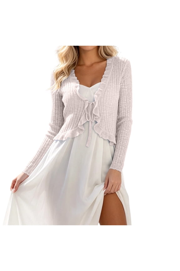 Ribbed Knit Cropped Cardigan For Women Open Front Tie Ruffle Trim Cover Up Summer & Fall Casual Elegant Daily Crop Shrug Tops