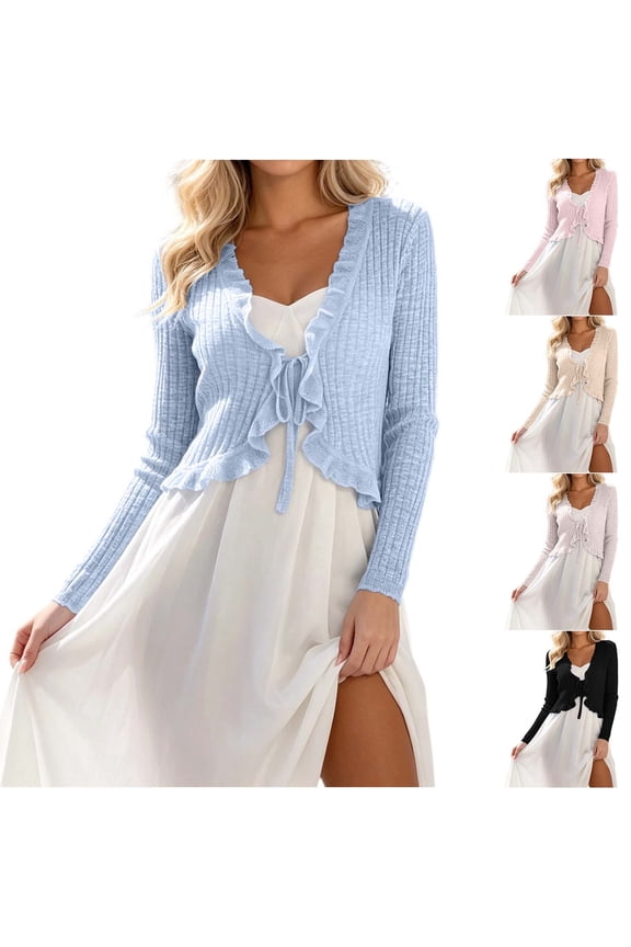 Ribbed Knit Cropped Cardigan For Women Open Front Tie Ruffle Trim Cover Up Summer & Fall Casual Elegant Daily Crop Shrug Tops