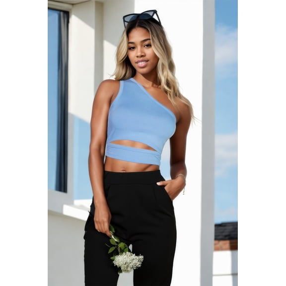 Ribbed Knit Cut Out One Shoulder Crop Top