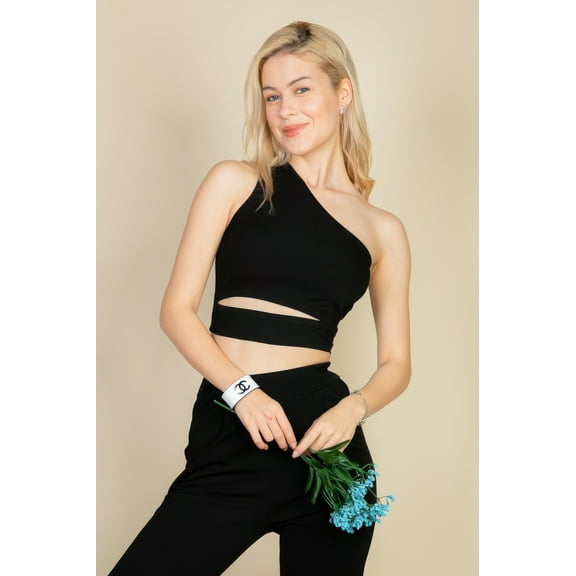Ribbed Knit Cut Out One Shoulder Crop Top