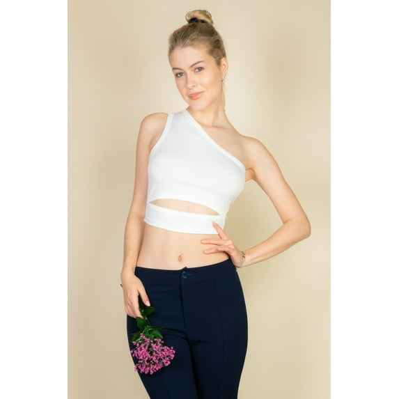 Ribbed Knit Cut Out One Shoulder Crop Top