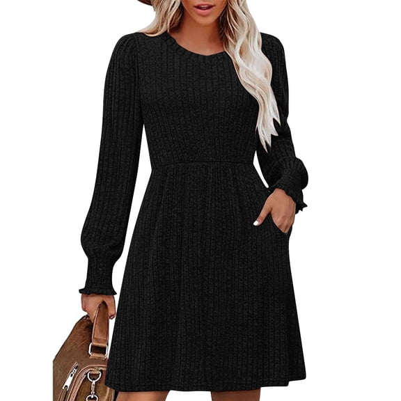 Ribbed Knit Dress, Long Sleeve Crew Neck Bodycon Midi Dress, Versatile Basic Dress for Layering, Work, and Everyday Casual Style Black M