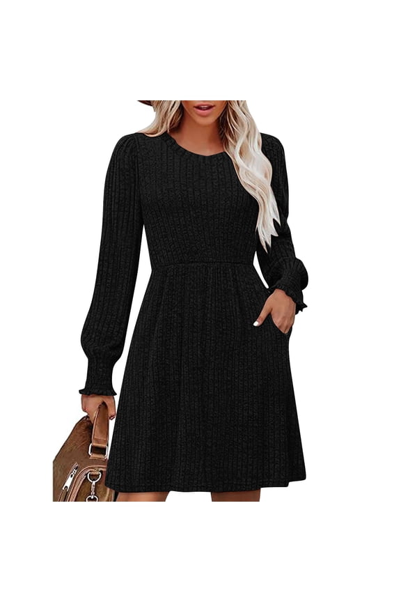 Ribbed Knit Dress, Long Sleeve Crew Neck Bodycon Midi Dress, Versatile Basic Dress for Layering, Work, and Everyday Casual Style Black S