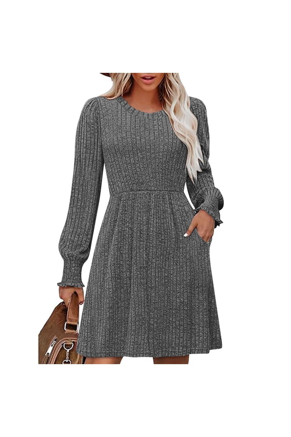 Ribbed Knit Dress, Long Sleeve Crew Neck Bodycon Midi Dress, Versatile Basic Dress for Layering, Work, and Everyday Casual Style Gray 2XL