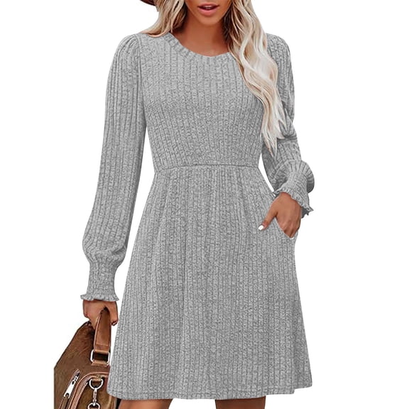 Ribbed Knit Dress, Long Sleeve Crew Neck Bodycon Midi Dress, Versatile Basic Dress for Layering, Work, and Everyday Casual Style Light Gray S
