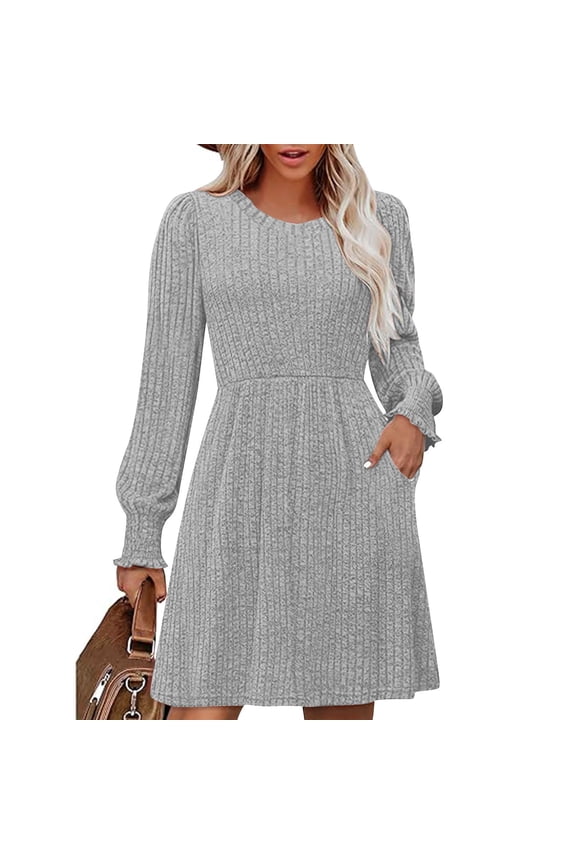 Ribbed Knit Dress, Long Sleeve Crew Neck Bodycon Midi Dress, Versatile Basic Dress for Layering, Work, and Everyday Casual Style Light Gray S