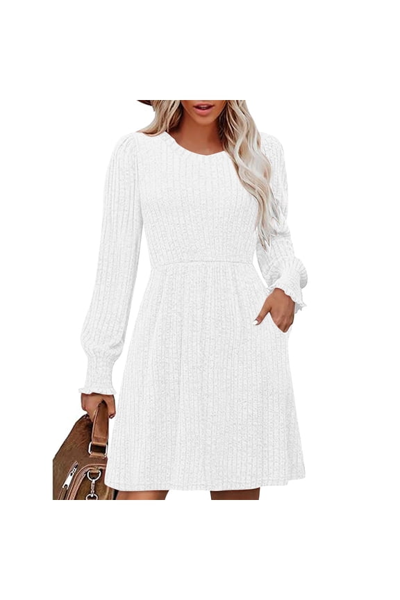 Ribbed Knit Dress, Long Sleeve Crew Neck Bodycon Midi Dress, Versatile Basic Dress for Layering, Work, and Everyday Casual Style White L
